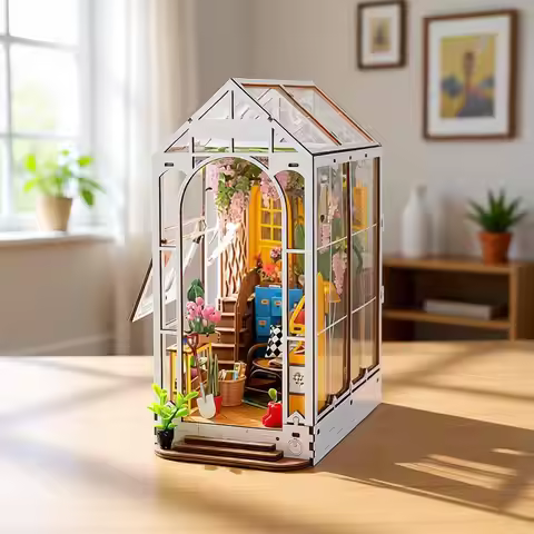 Wooden 3D Puzzle Bookends - 9.5 Garden House Miniature Kit with LED Bookshelf for Arts and Crafts, I