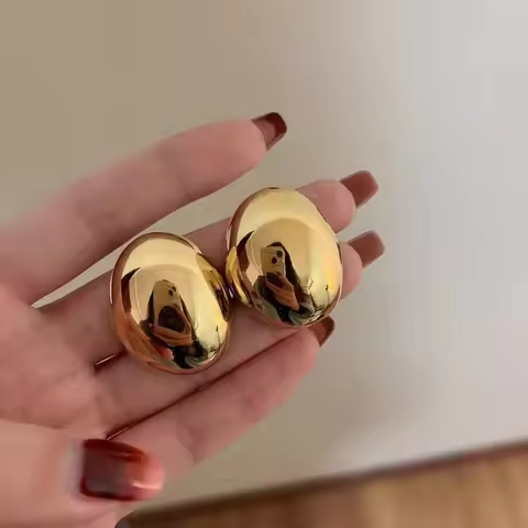 Hollow Oval Bean Shape Stud Earrings for Women Golden Silver Color Smooth Metal Earrings Simple Geom