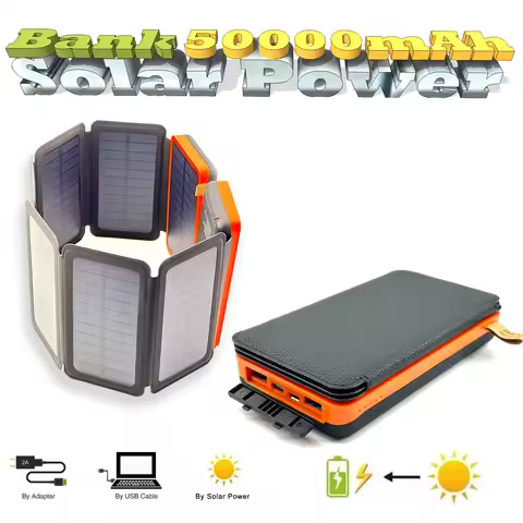 With 4 Solar Panel Wireless Charger Powerbank 50000mAh Solar Power Bank for iPhone 15 Huawei Xiaomi 