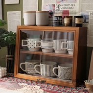 Retro Storage Box Wooden Desktop Solid Wood Cup Display Cabinet Water Cup with Lid Tea Set Mug Cosme