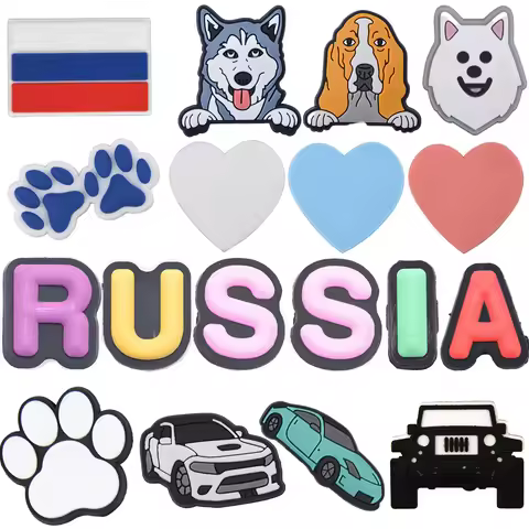 1-6pcs New Russia Flags Shoe Charms Lovely Dogs Husky Bulldog Shoe Decoration Cool Sports Cars Clog 