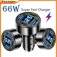 66W 4 In 1 Digital Display Super Fast Charging Travel Adapter 3USB+PD Vehicle Charger With Voltage 4USB Travel Adoptor