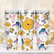 แก้วมัค Disney Pooh Bear แท้ 40 ออนซ์ ฉนวนกันความร้อน มีดื้อ แก้วกาแฟสเตนเลสและขวดน้ำพร้อมหลอด สำหรั