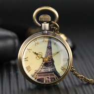 Fashion Retro Pocket Watch Tower Design Women Men Quartz Roman Number Pendant