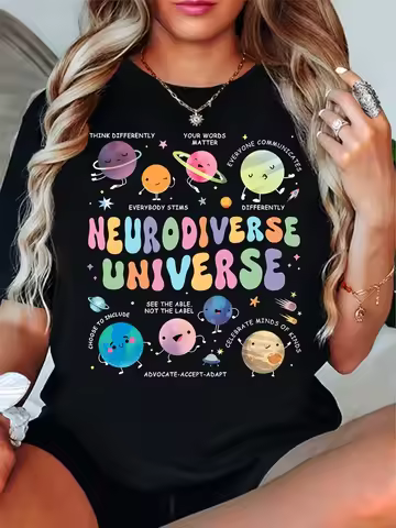 Neurodiverse Universe Printed T-Shirt, Fun Cosmic Planets Teacher T-Shirt, A Gift for Teachers Unise