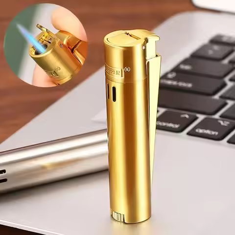 CLIPPER Metal Butane Gas Lighter Windproof Straight Jet Blue Flame With Dust Cap Gift Box Smoking Ac