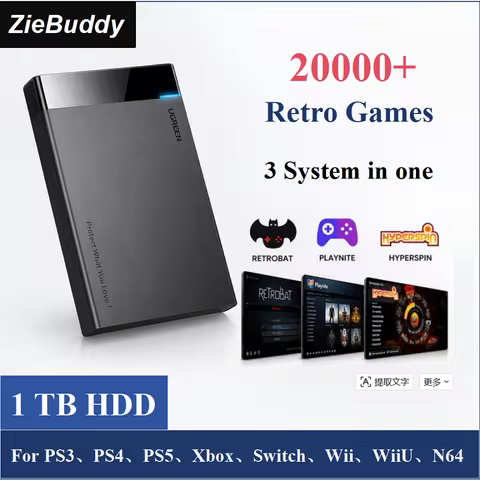 ZieBuddy 1TB Retro Gaming HDD With Playnite RetroBat & Hyperspin 20000+ Retro Games Plug & Play for 