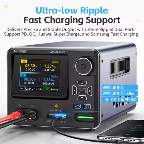 FNIRSI IPS3608 36V 8A Intelligent Lab Tool with Curve Display, Support PD/QC Fast Charging via USB-A