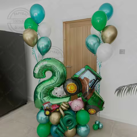 40pcs 2rd Birthday Green Tractor Theme Truck Vehicle Excavator Kids Boys Party Decoration Mini Anima