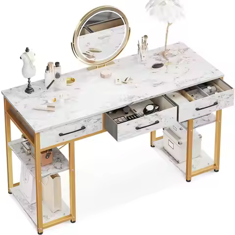 Vanity Desk with 3 Fabric Drawers amp Storage Shelves, Makeup Dressing Table, Home Office Desks for 