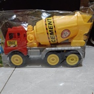 Toy car truck cement mixer, box, sand