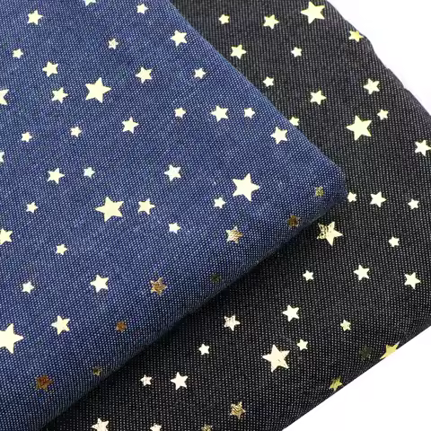 Precut 50x145cm Golden Foil Star Denim Fabric for Quilting Sewing Crafting Jeans Jackets Skirts Shor