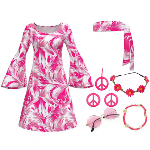 60s 70s Pink Disco Outfit Hippie Costume Women 1970 Style Clothes Dress Peace Sign Accessories Jewel