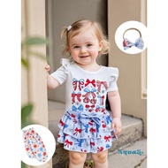 Aqua5-Baby Girls Patriotic Outfit Letter/Firework/Bow Print Short Sleeves Rompers and Skirt Stocking