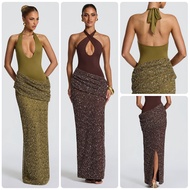 Women's Clothing 2026 Deep U Halterneck Sequin Stitching Long Halter Pleated Sequin Banquet Long Ski