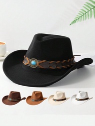 1頂女士腰帶裝飾Boho牛仔帽，爵士帽子巴拿馬帽，遮陽帽沙灘帽柔軟的毛呢帽Fedora帽，適用於野外牛仔帽，西部女裝牛仔帽