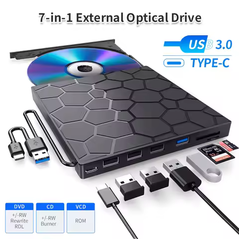 7 in 1 External CD/DVD Drive USB 3.0 Type-C Portable CD/DVD Burner External DVD Disk Player for Lapt