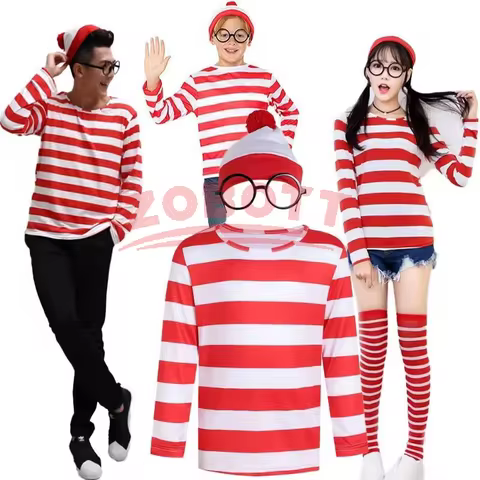 Anime Wheres Waldo Striped Shirt Youth Boys Wally Costume Shirt Glasses and Hat Socks Unisex Adults 