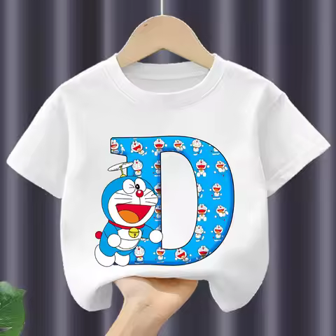 Doraemon White T-shirt Children A-Z Letter Tee Top Anime Round Collar Clothing Boys Girls Summer Sho