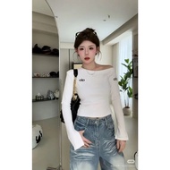 alo Spring new embroidered one-line shoulder long sleeve T-shirt women slim slim shirt