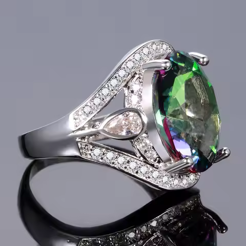 Genuine Rainbow Fire Mystic Created Topaz Ring Colorful Fine Jewelry Engagement Wedding Gift for Wom