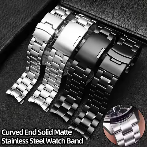 Curved End Solid Matte Stainless Steel Watch Band For Seiko Citizen Casio Timex 20mm 22mm Black Meta