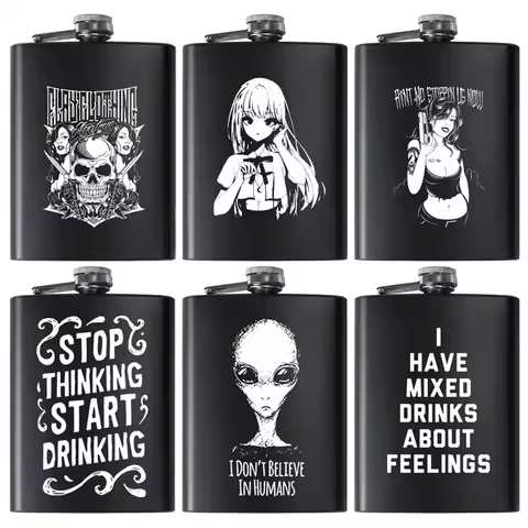 8 OZ Ounces Black Matte Metal Gift Stainless Steel Hip Flask Flagon Alcohol Bottle Whisky Vodka Lase