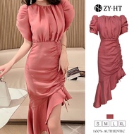 ZY·HT Baju Raya 2024 Perempuan Baju Kurung Moden Fesyen Terkini Cotton Linen Dress Crew Neck Puff Sl