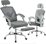 edx Ergonomic Office Chair, Reclining High Back Mesh Computer Desk Swivel Rolling Home Task Chair with Lumbar Support Pillow, Adjustable Headrest, Retractable Footrest and Padded Armrests, Grey
