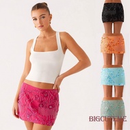 []-Women Sequin Beaded Flower Low Rise Mini Skirt For Party