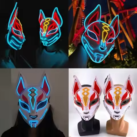 High Quality PVC Japanese Fox Mask Full Face Durable Halloween Costume Mask Reusable LED Neon Light 