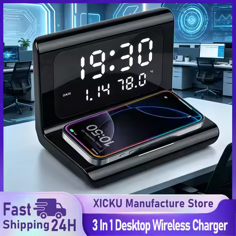 Desktop 3 In 1 Wireless Charger Electronic Clock Wireless Charger Multifunctional Charger with Clock