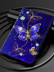 平板電腦外殼與三星兼容iPad聯想HUAWEI小米平板PU皮革多角度支架對開本殼套,藍色蝴蝶