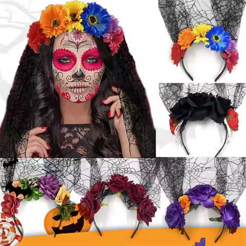 1pc Halloween Rose Flower Headband Day of The Dead Flower Headpiece with Black Veil For Party Suppli