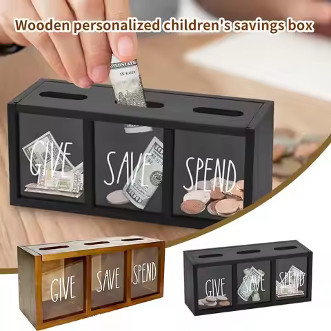 Wooden Personalized Children's Savings Box Give Save Spend Money Piggy Daily Box Family Saving Money