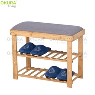 OKURA 2 Tier Bamboo Shoe Rack with Seat Bench Modern Home Living Rak Kasut Dengan Tempat Duduk