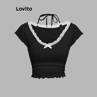 Lovito Casual T-Shirt Plain Lace Bow T-Shirt for Women L104ED674