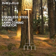 Berry&Bird Stainless Steel 4 Core Lawn Coring Aerator with Wooden Handle for Compacted Soils and Law