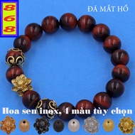 Red Black Tiger Eye Stone Bracelet 8mm, 10mm, 12mm, 14mm Stainless Steel Lotus Charm - Feng Shui 868