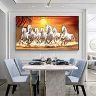 7 horse painting with Sun Wall Art, Panoramic Running Horse Group Canvas Painting for Entryway, Livi