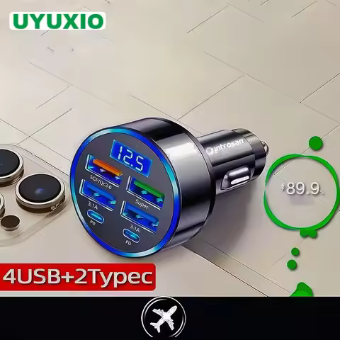 UYUXIO 6 in 1 Multi Port USB C Car Charger Adapter with Volt Meter Fast Charge with Voltage Display 