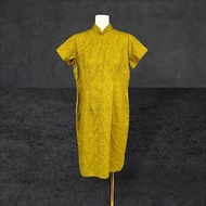 二手 暗棕黃色 織紋 微厚 毛料 古董訂製 短袖 旗袍 PF522