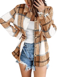 Zeagoo Flannel Plaid Shirts for Women Shacket Jacket Fall Fashion Button Down Long Sleeve Blouses Br