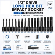 Automotive 1/2" Drive Long Hex Bit Impact Socket – H4 to H19