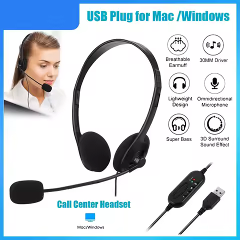 USB noise cancelling headset with microphone for computer calls Chat call centre headset Service hea