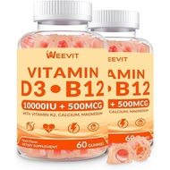 WEEVIT Vitamin D3 B12 Gummies, Vitamin D 10000IU & 500mcg Methyl B12 with Vitamin A, C, K, Calcium, 