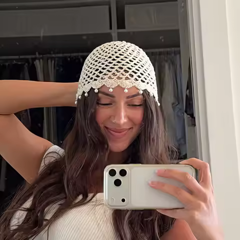 New Pearl Beanie Hat for Women Summer Fashion Hollow Handmade Crochet Beanie Breathable Pullover Hat