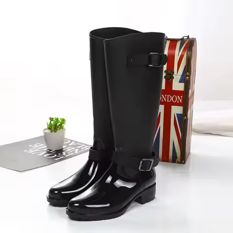 Women's zipper Tall Boots Punk Style Belt buckle Shoes Pure Color Rain Boots Outdoor Rubber Water sh