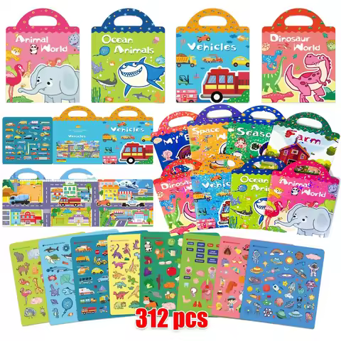 Portable Jelly Sticker Books Cognitive Game Toys Animal DIY Puzzle For Children Kids Quiet Book Mont