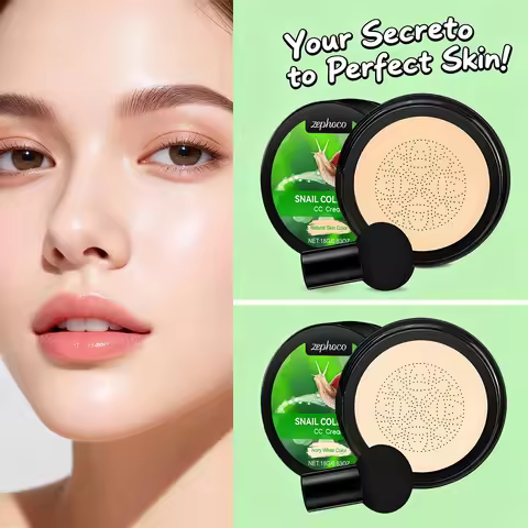 Snail Collagen CC Cream with Mushroom Head Powder Puff Concealer Long Lasting Makeup Cover Dark Circ